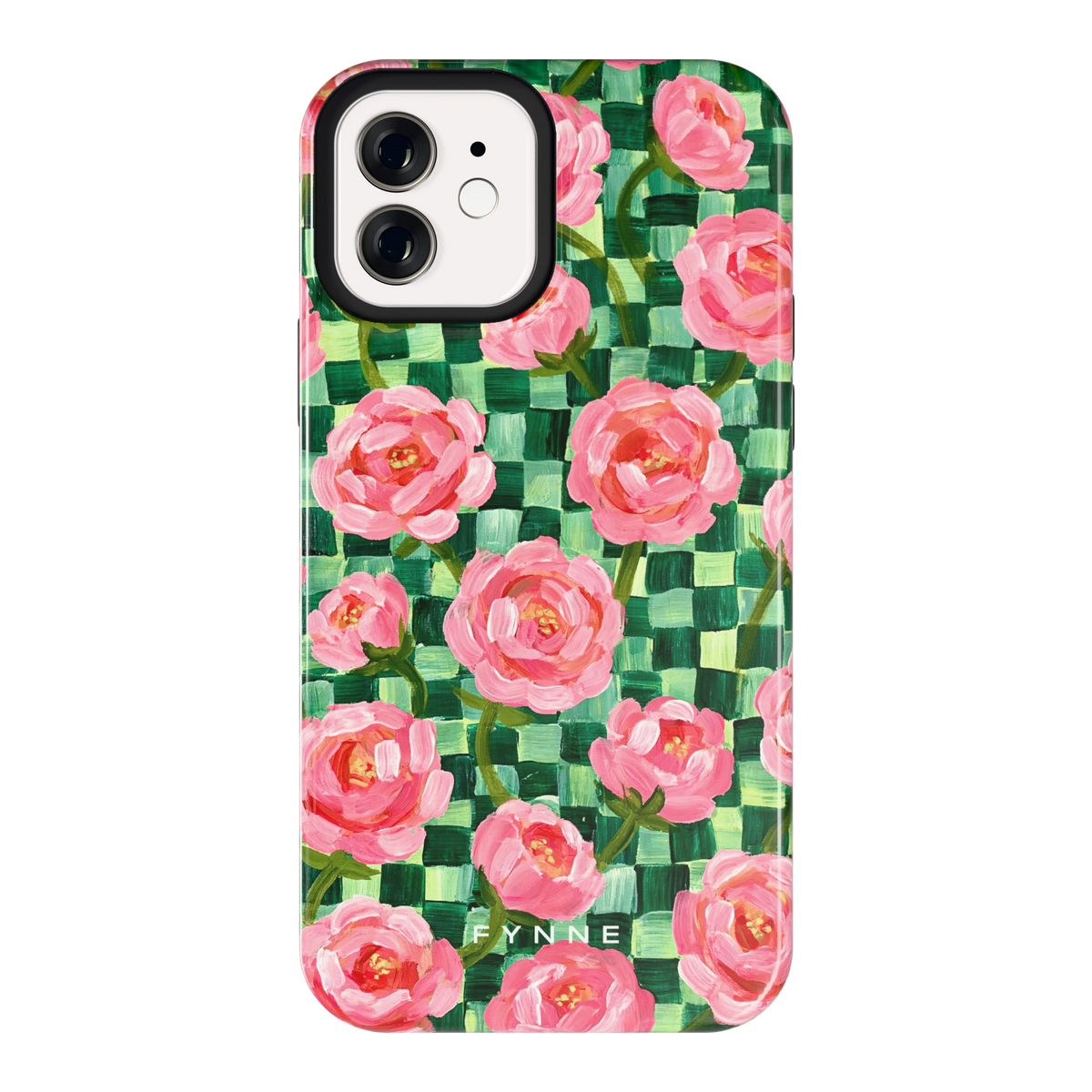 Pioenen op groene ruitjes hoesje voor iPhone 12, achterkant