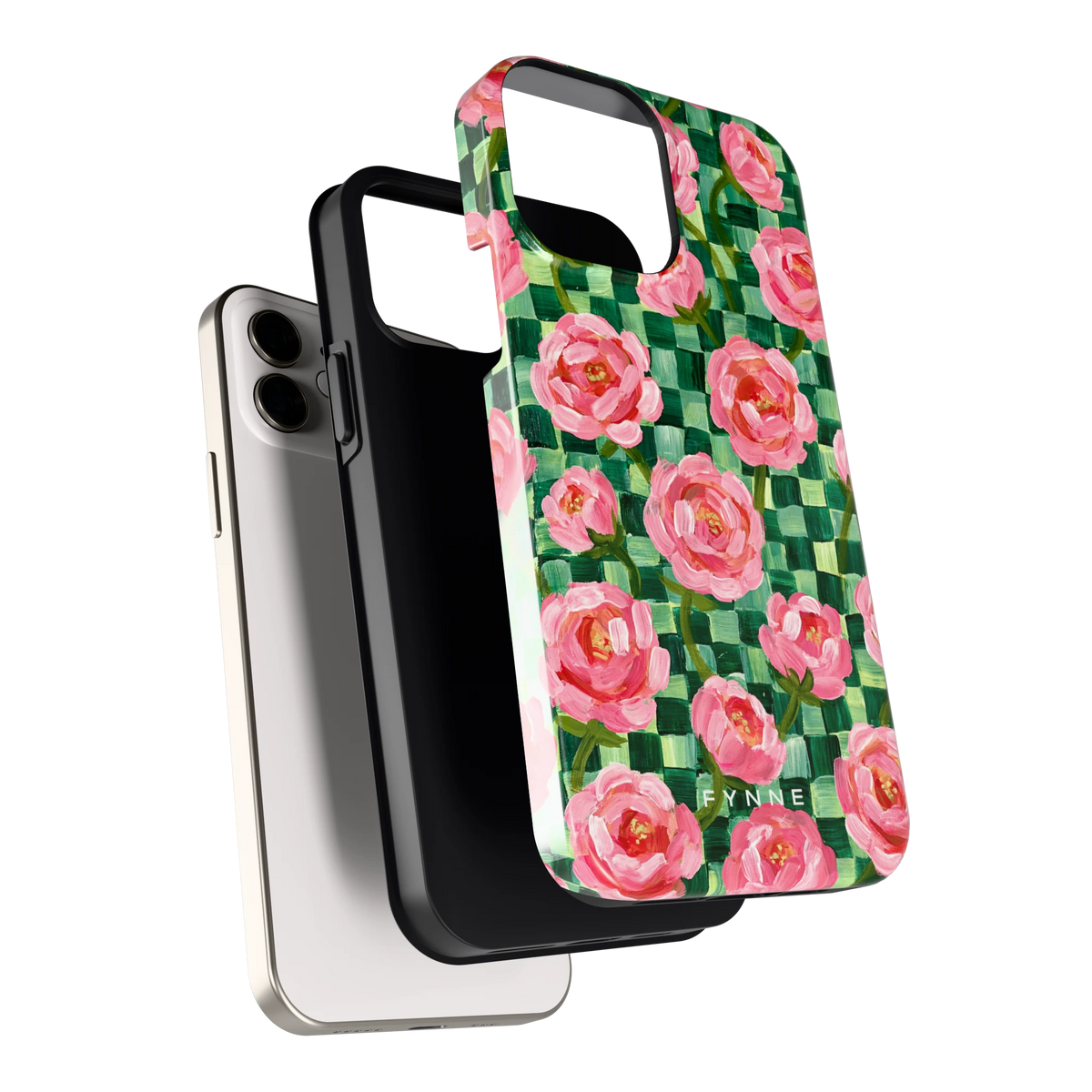 Pioenen op groene ruitjes hoesje voor iPhone 12, los van de telefoon