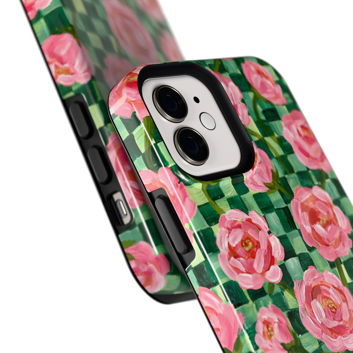Pioenen op groene ruitjes hoesje voor iPhone 12, close-up