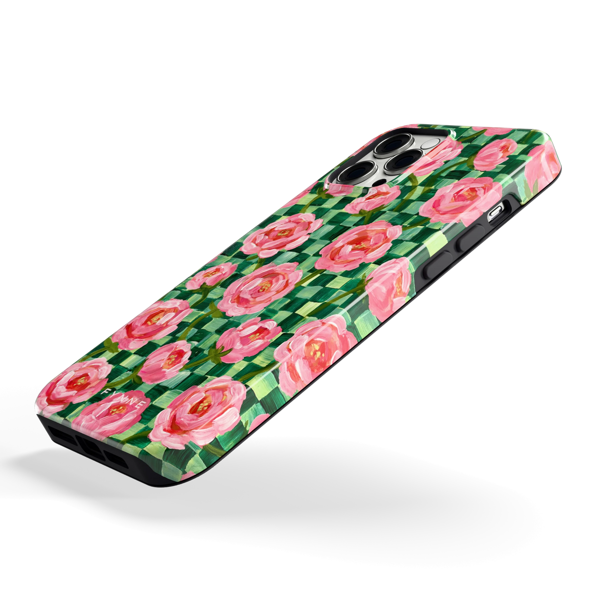 Pioenen op groene ruitjes hoesje voor iPhone 12 Pro Max, schuin