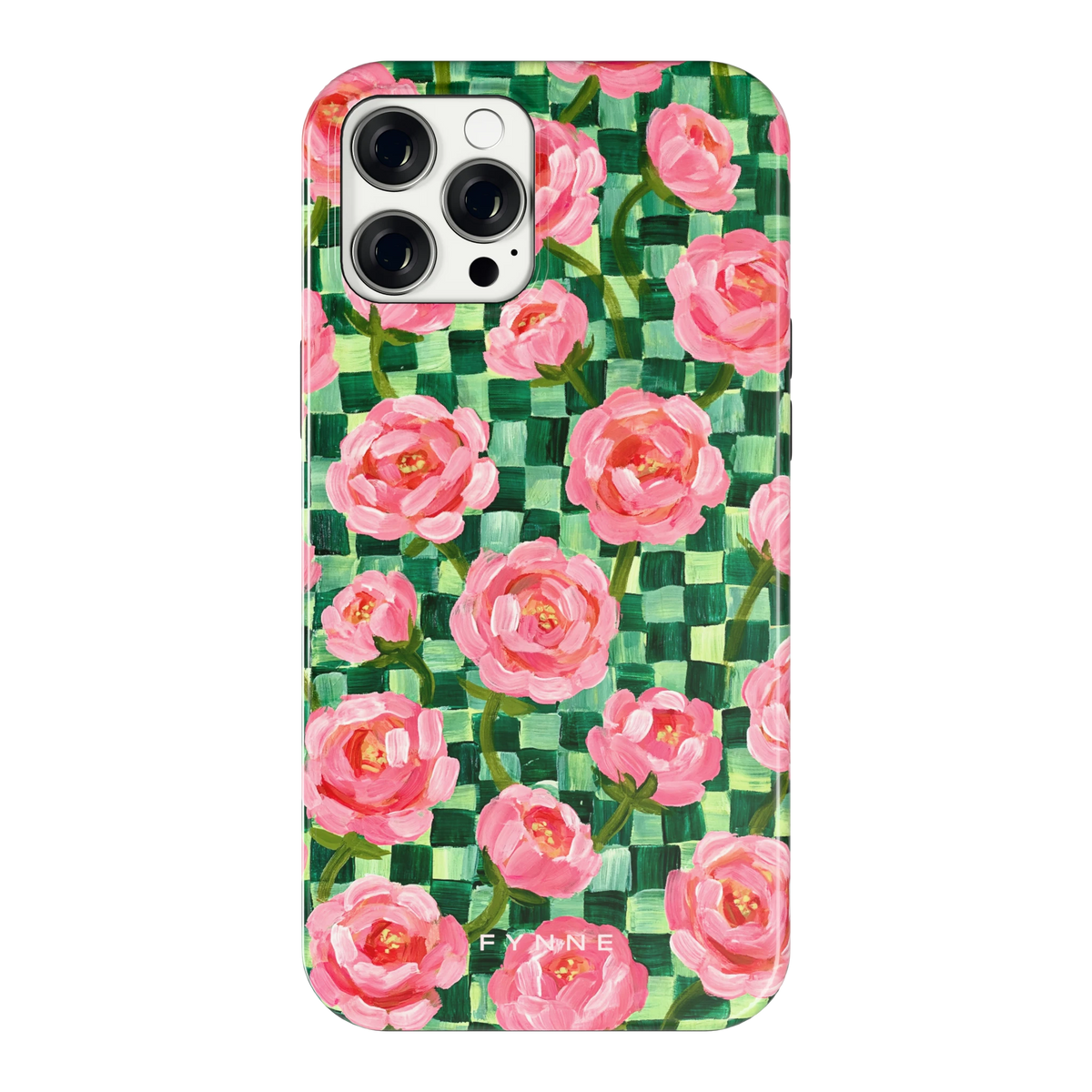 Pioenen op groene ruitjes hoesje voor iPhone 12 Pro Max, achterkant