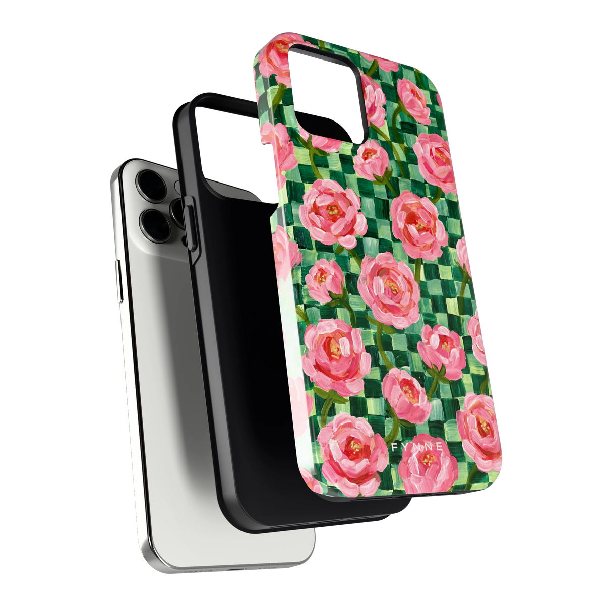 Pioenen op groene ruitjes hoesje voor iPhone 12 Pro Max, los van de telefoon