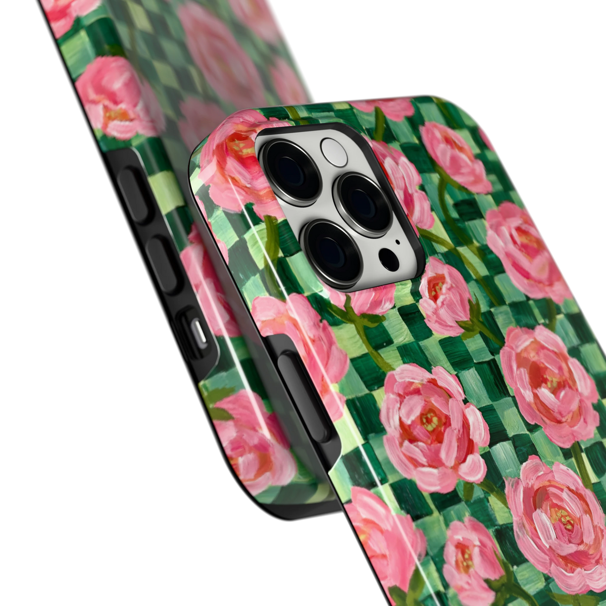Pioenen op groene ruitjes hoesje voor iPhone 12 Pro Max, close-up