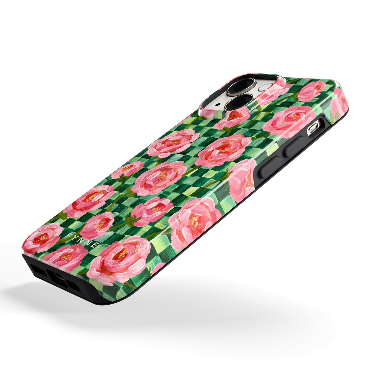 Pioenen op groene ruitjes hoesje voor iPhone 13 mini, schuin