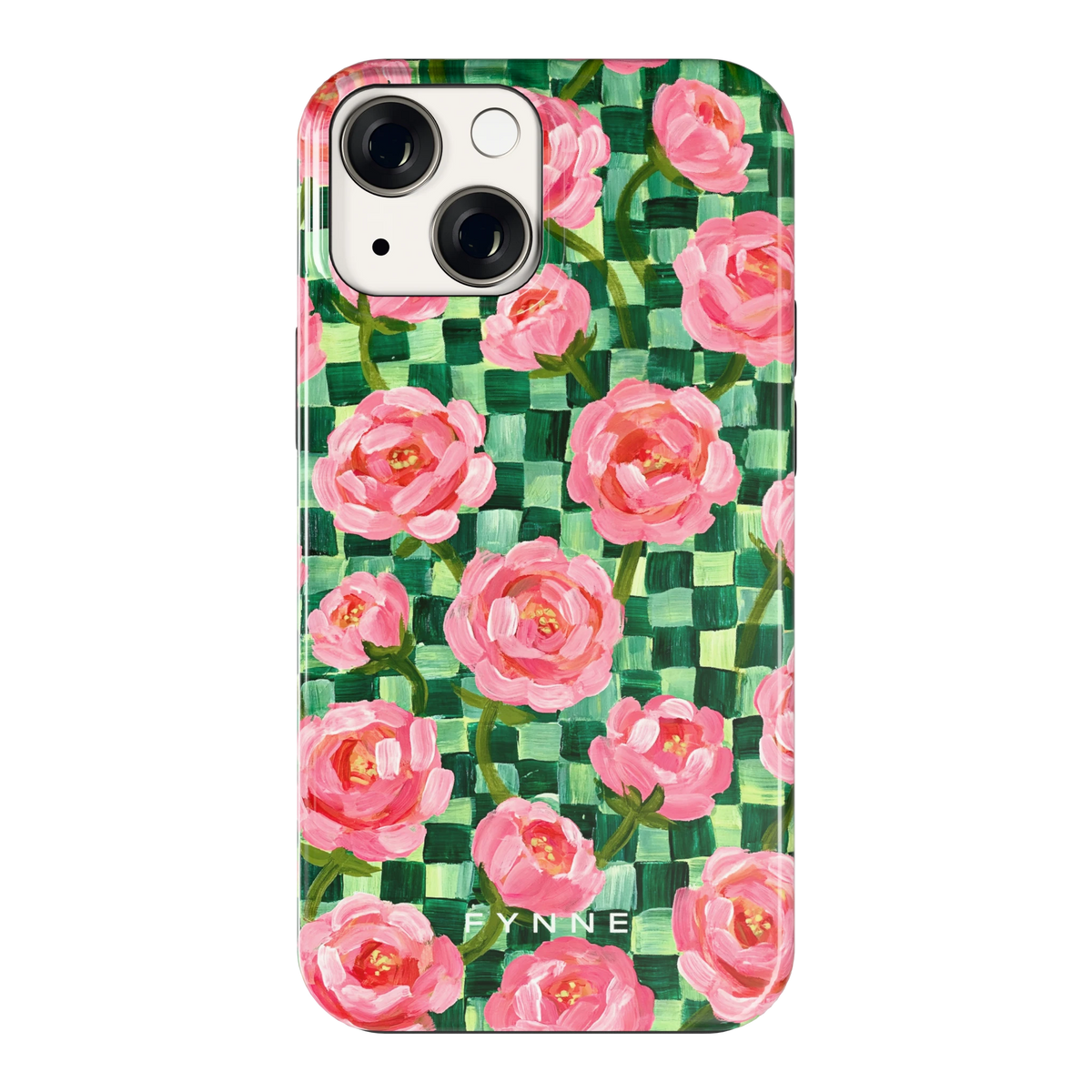 Pioenen op groene ruitjes hoesje voor iPhone 13 mini, achterkant