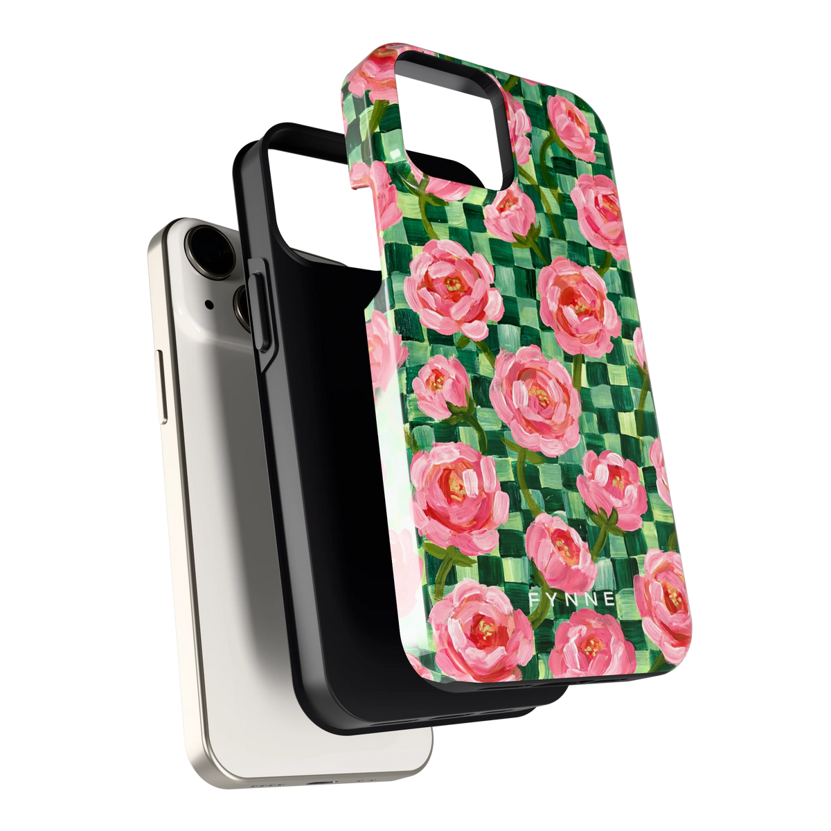 Pioenen op groene ruitjes hoesje voor iPhone 13 mini, los van de telefoon