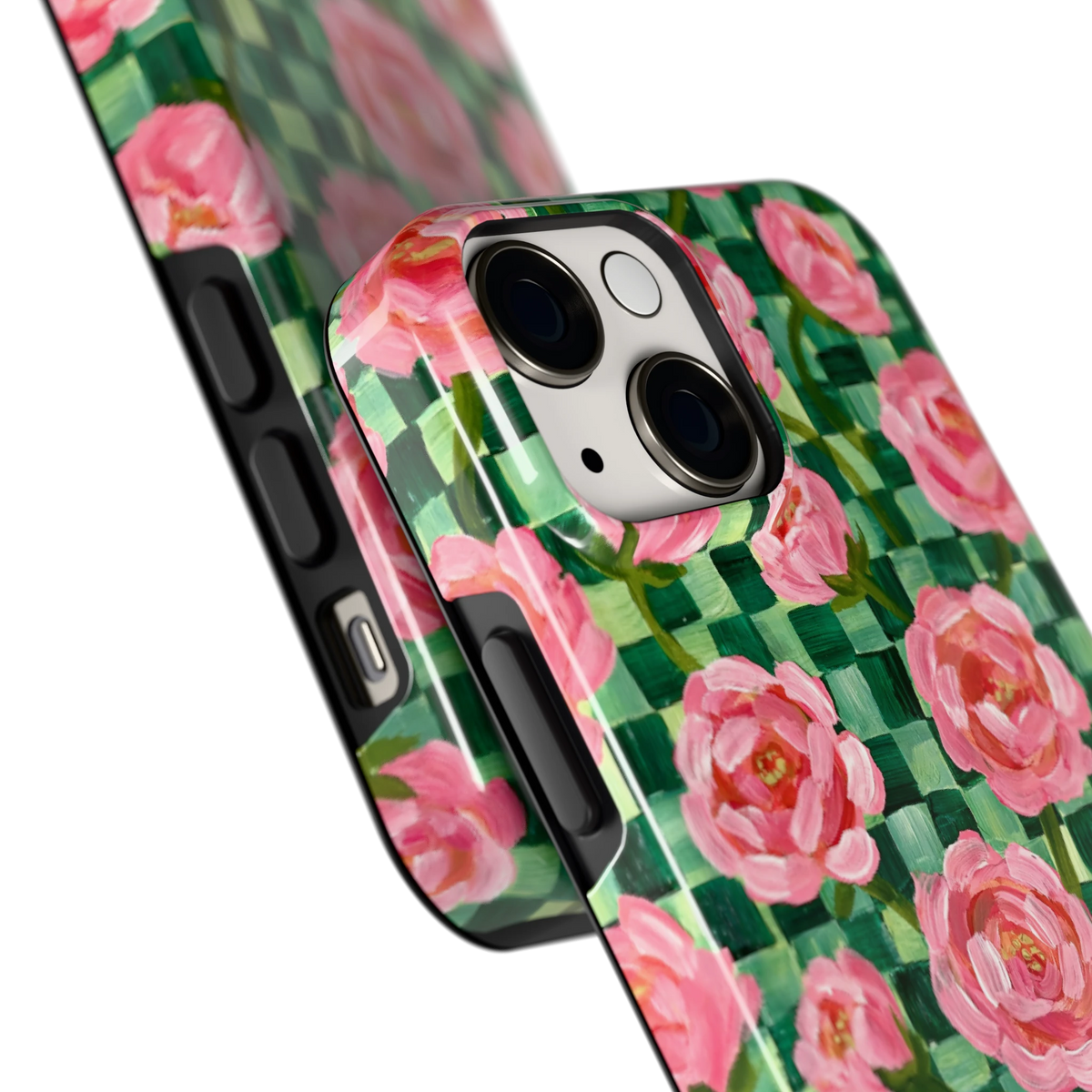 Pioenen op groene ruitjes hoesje voor iPhone 13 mini, close-up