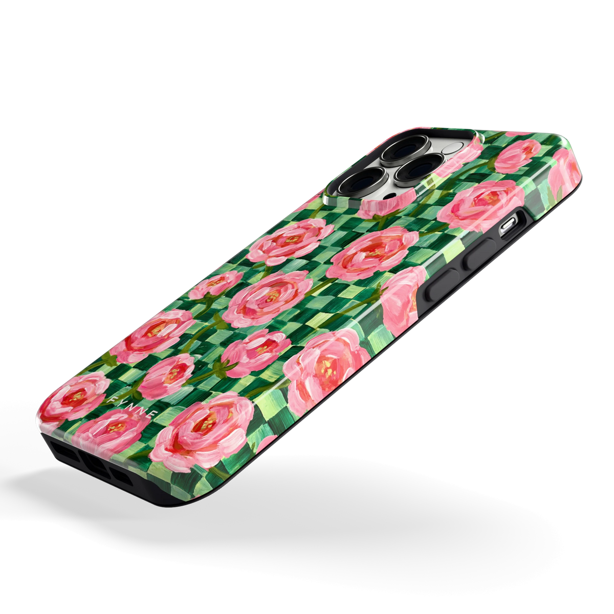 Pioenen op groene ruitjes hoesje voor iPhone 13 Pro, schuin