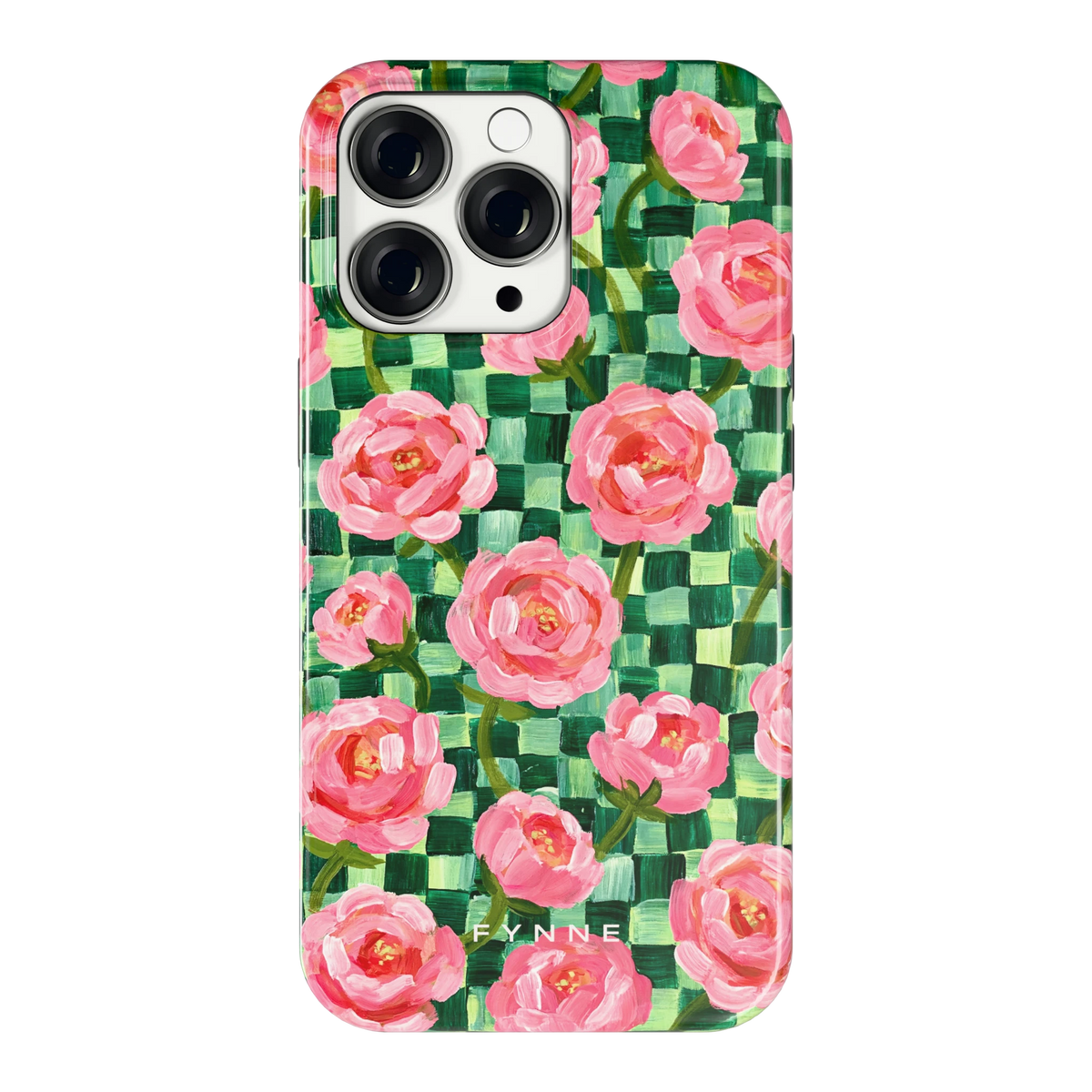 Pioenen op groene ruitjes hoesje voor iPhone 13 Pro, achterkant