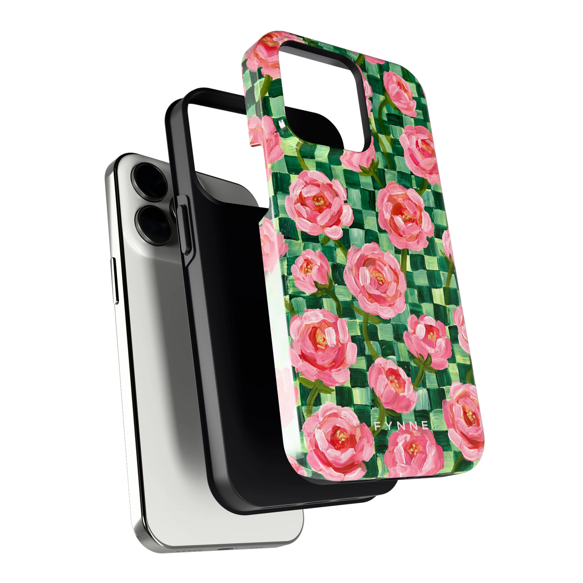 Pioenen op groene ruitjes hoesje voor iPhone 13 Pro, los van de telefoon
