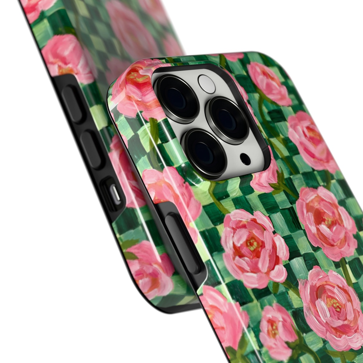 Pioenen op groene ruitjes hoesje voor iPhone 13 Pro, close-up
