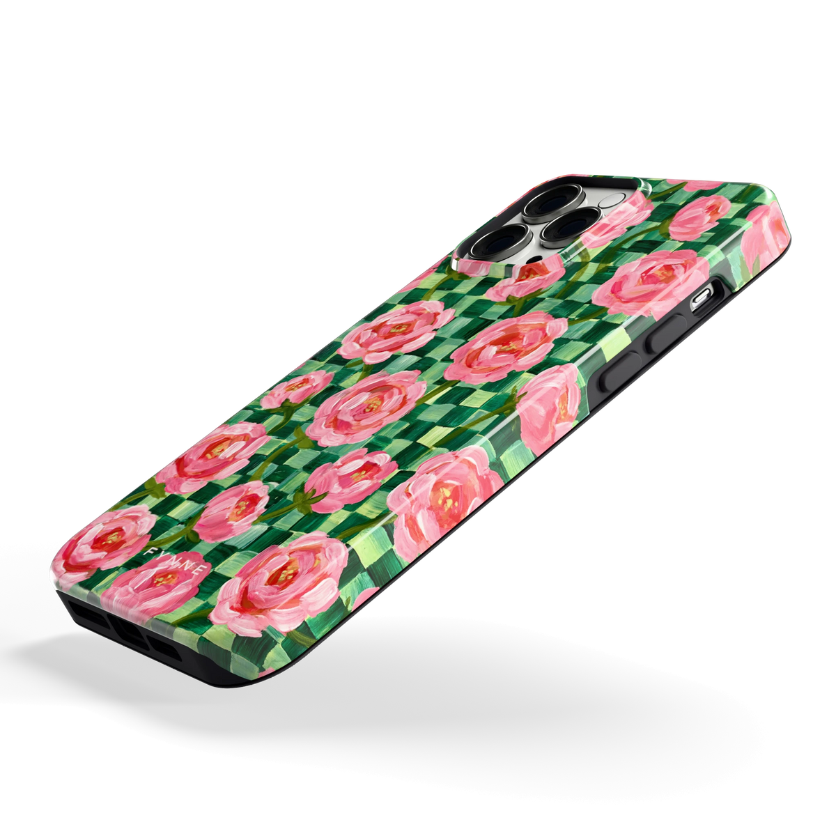Pioenen op groene ruitjes hoesje voor iPhone 13 Pro Max, schuin