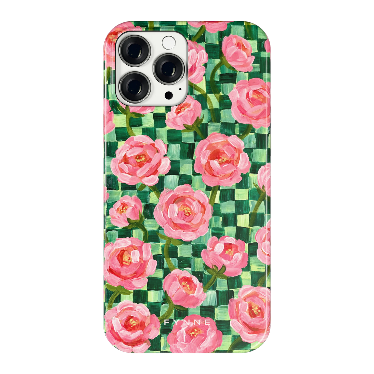 Pioenen op groene ruitjes hoesje voor iPhone 13 Pro Max, achterkant