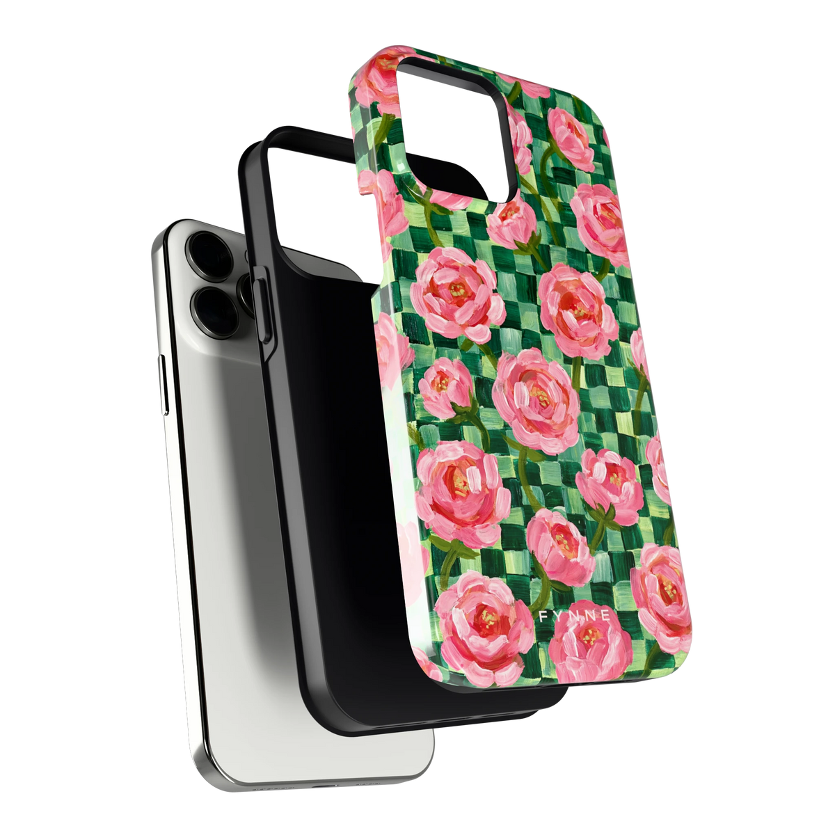 Pioenen op groene ruitjes hoesje voor iPhone 13 Pro Max, los van de telefoon