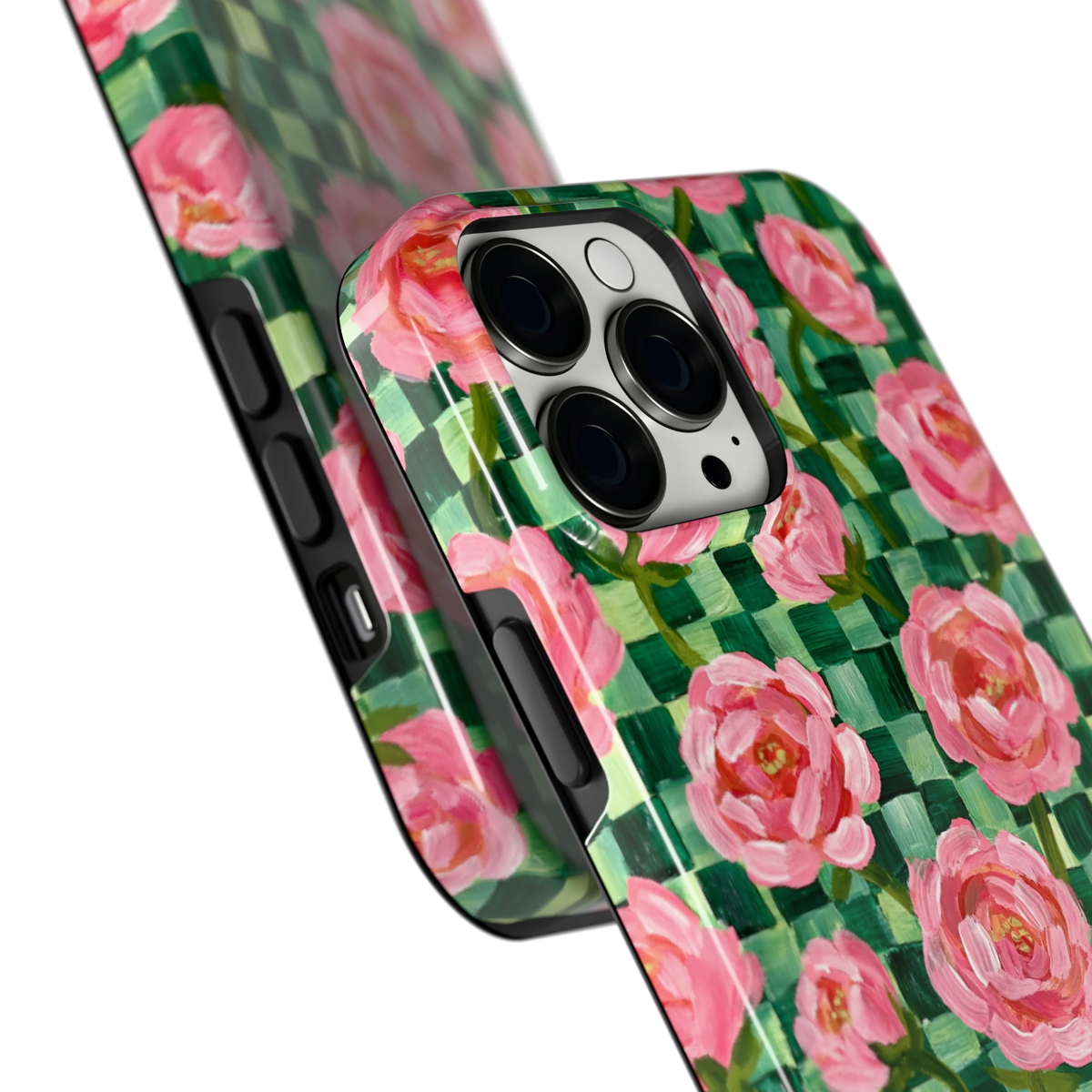 Pioenen op groene ruitjes hoesje voor iPhone 13 Pro Max, close-up
