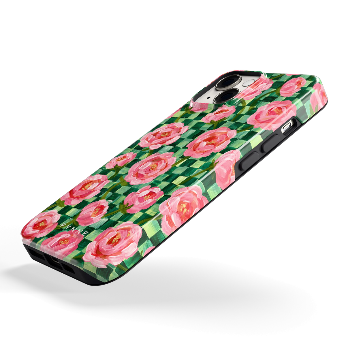 Pioenen op groene ruitjes hoesje voor iPhone 14, schuin
