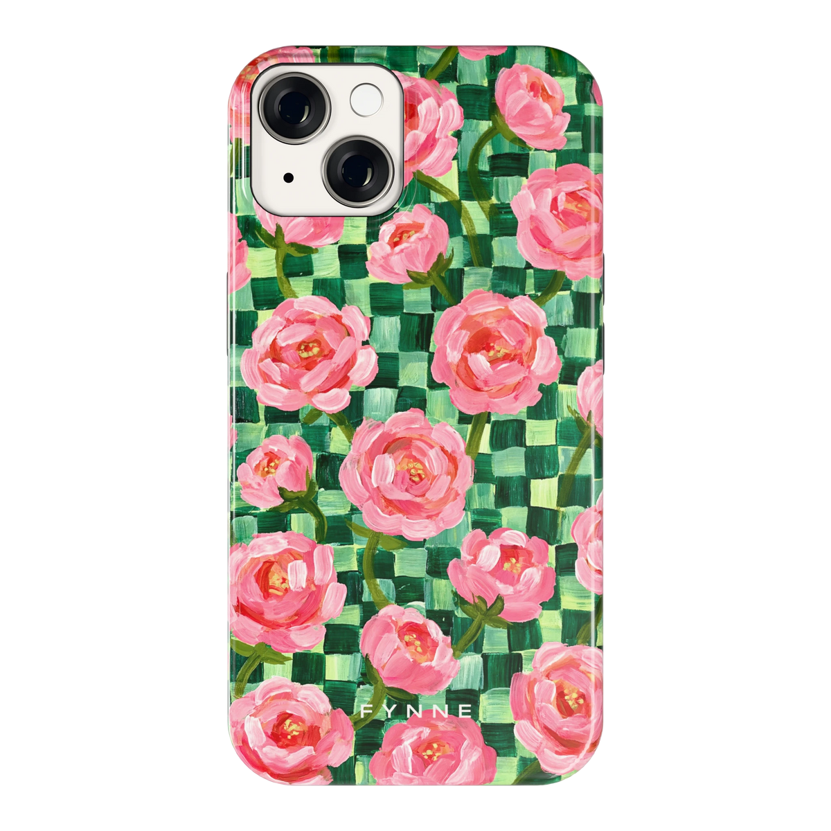 Pioenen op groene ruitjes hoesje voor iPhone 14, achterkant