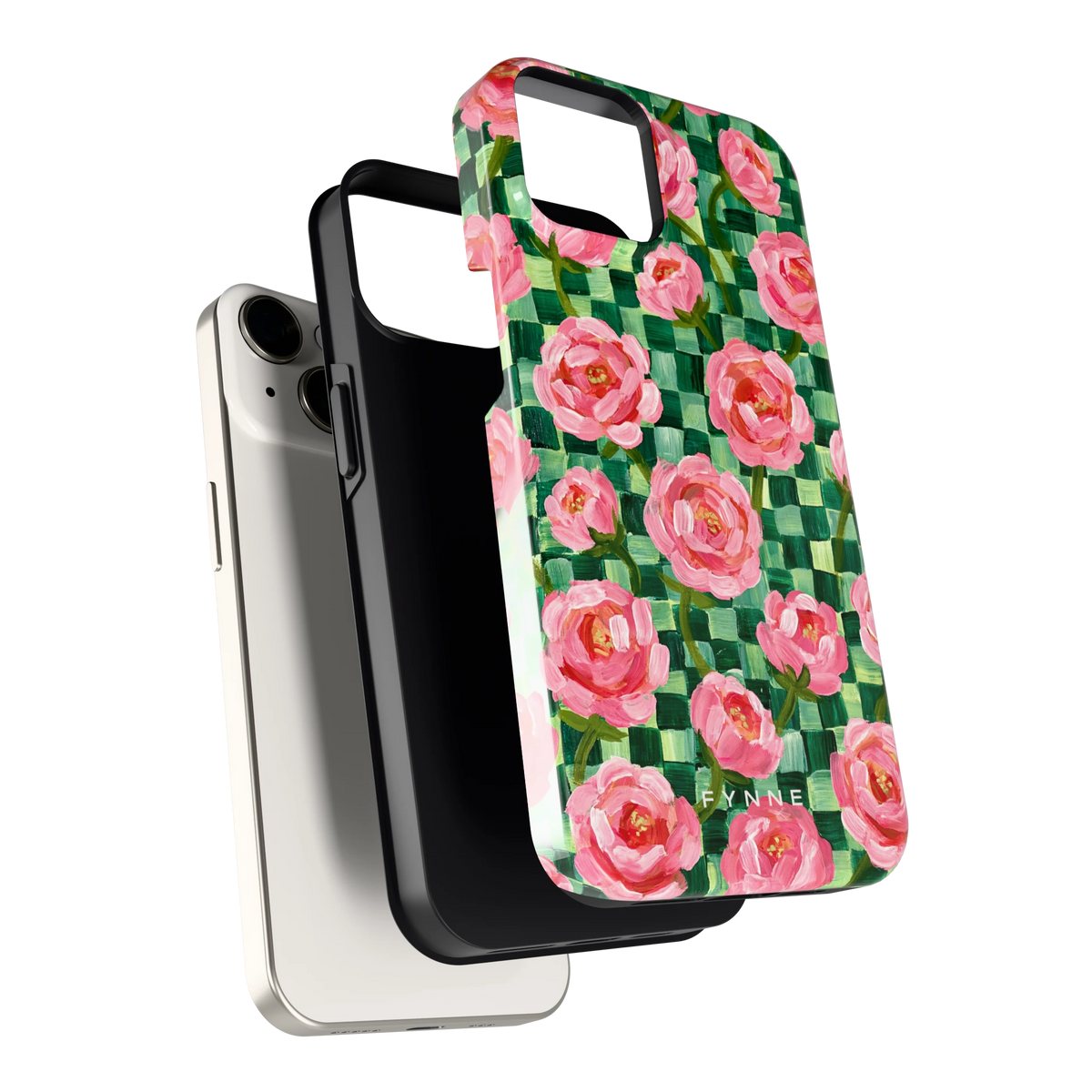 Pioenen op groene ruitjes hoesje voor iPhone 14, los van de telefoon