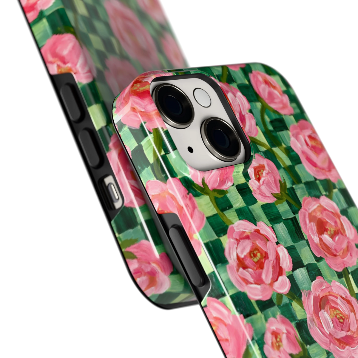 Pioenen op groene ruitjes hoesje voor iPhone 14, close-up