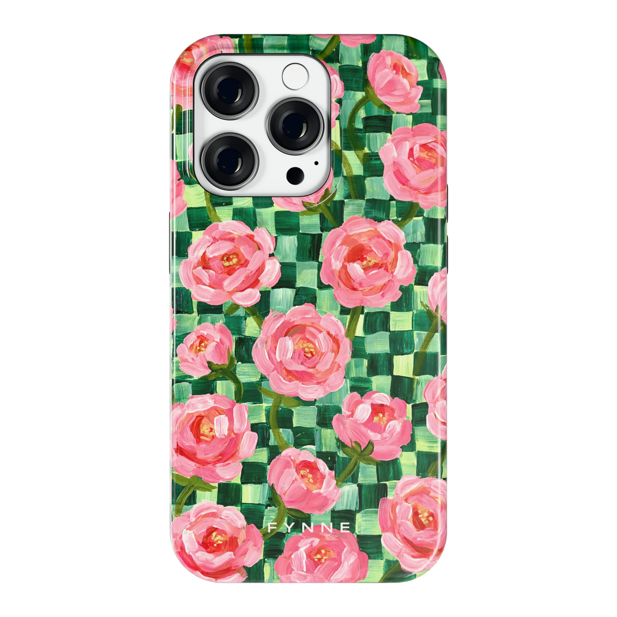 Pioenen op groene ruitjes hoesje voor iPhone 14 Pro, achterkant