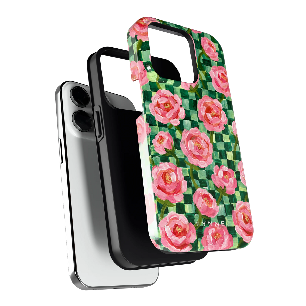 Pioenen op groene ruitjes hoesje voor iPhone 14 Pro, los van de telefoon
