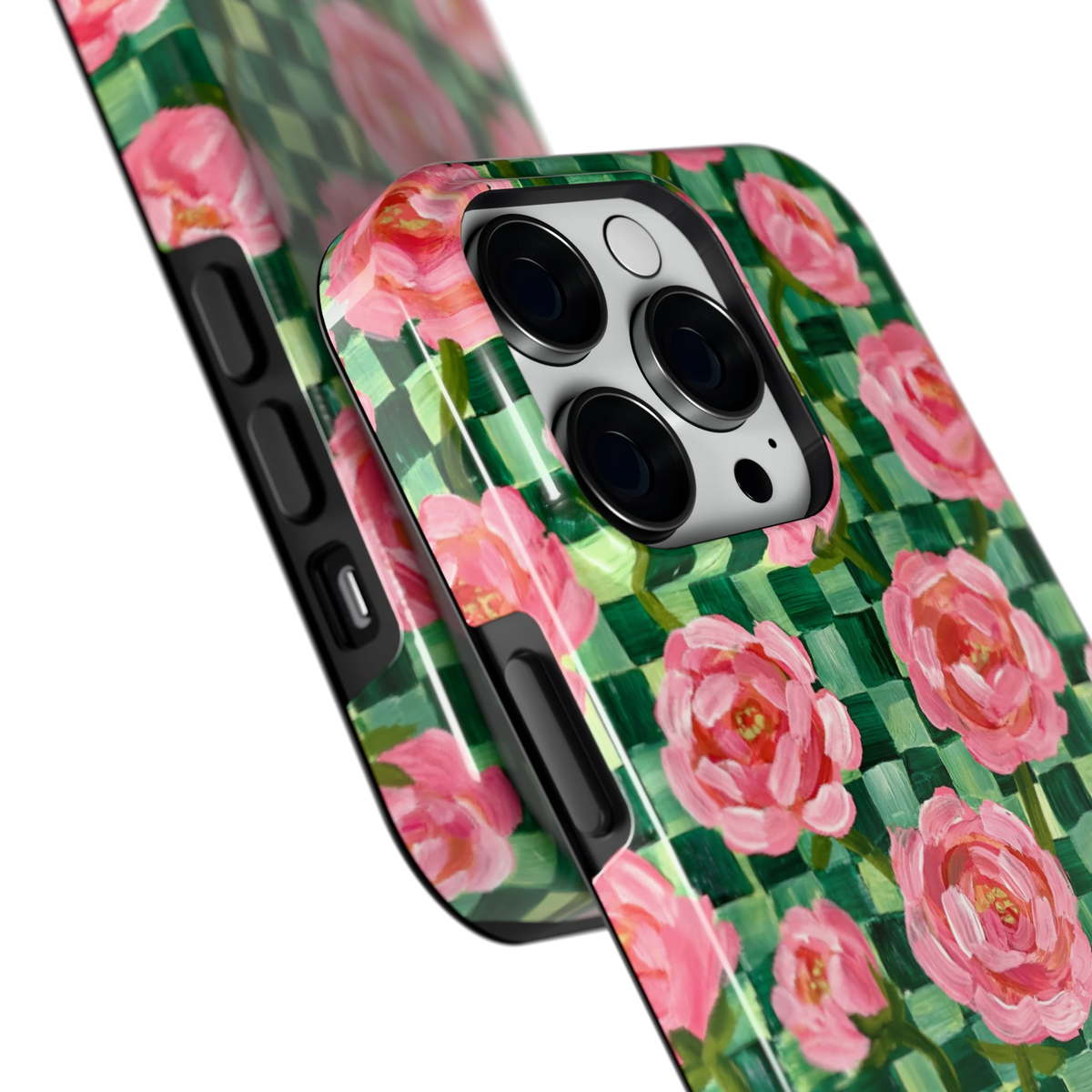 Pioenen op groene ruitjes hoesje voor iPhone 14 Pro, close-up