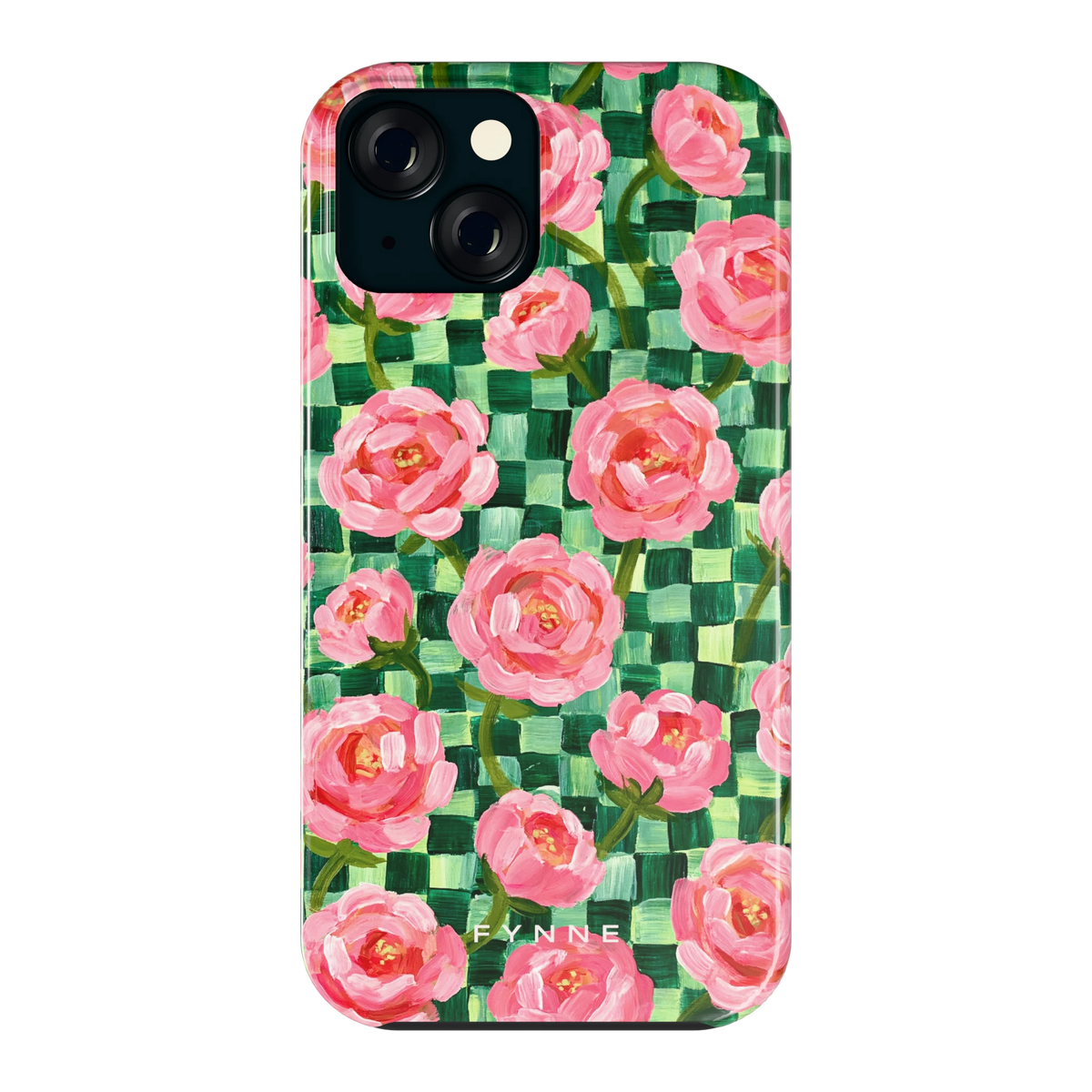 Pioenen op groene ruitjes hoesje voor iPhone 15, achterkant