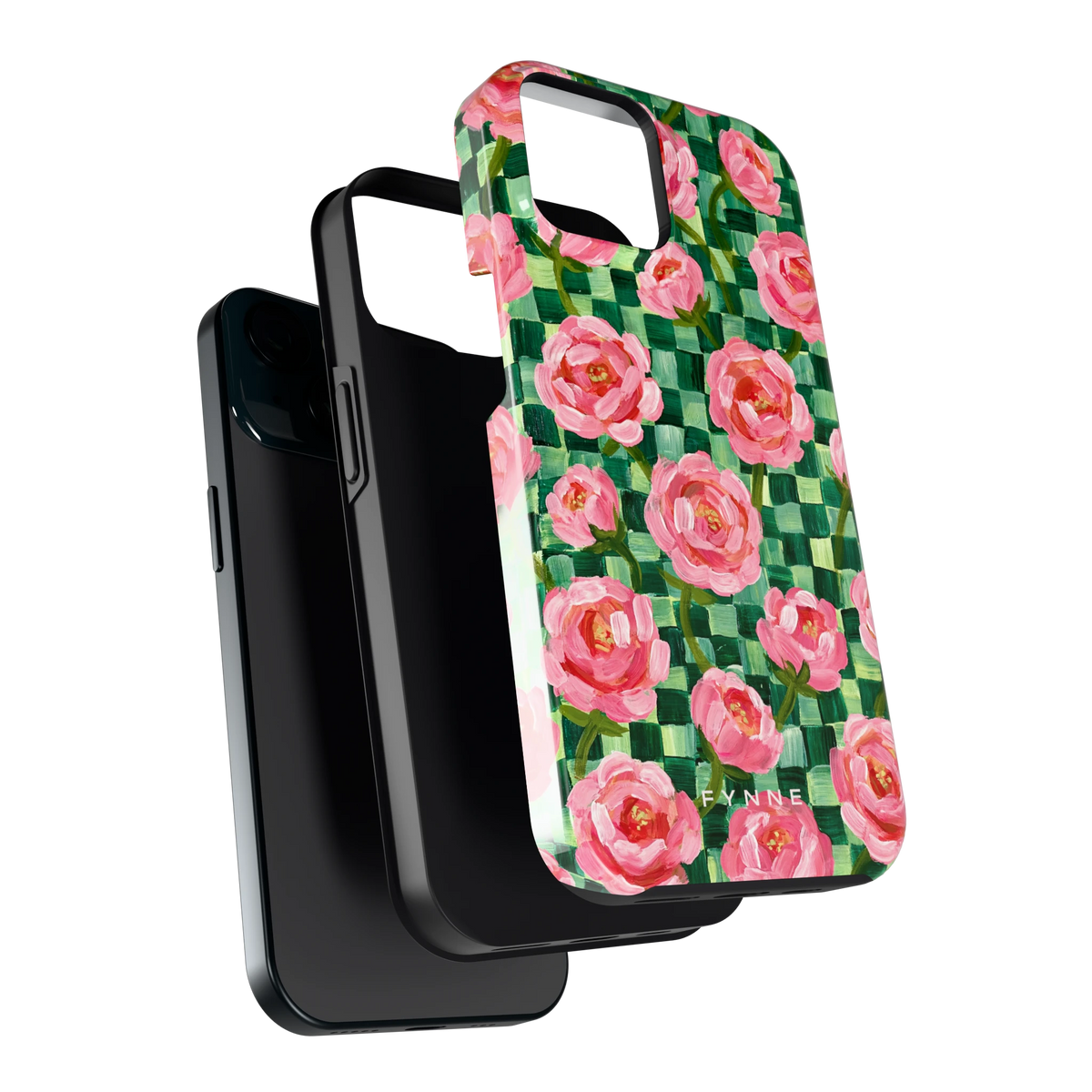 Pioenen op groene ruitjes hoesje voor iPhone 15, los van de telefoon