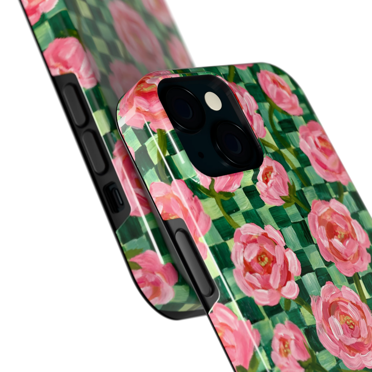 Pioenen op groene ruitjes hoesje voor iPhone 15, close-up