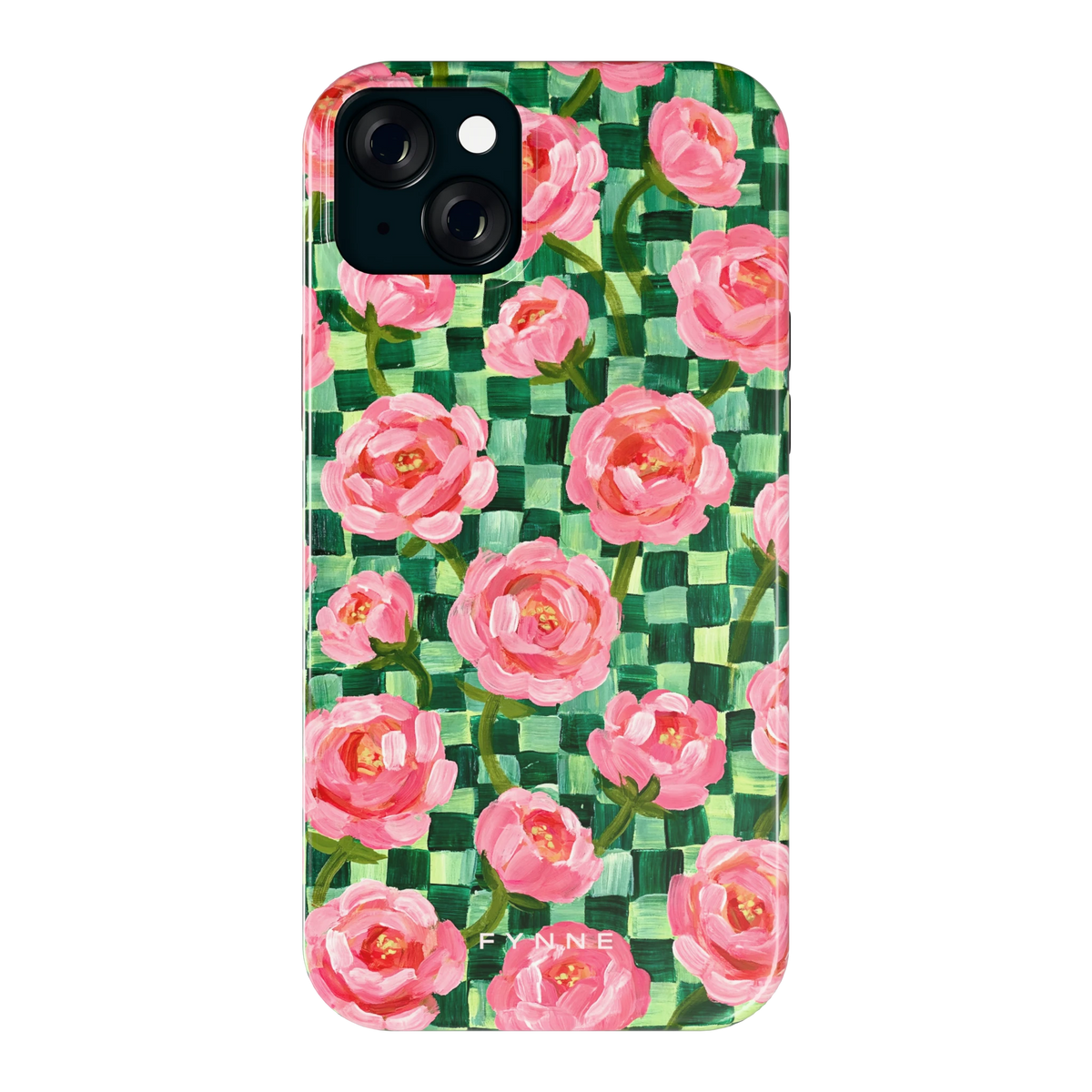 Pioenen op groene ruitjes hoesje voor iPhone 15 Plus, achterkant