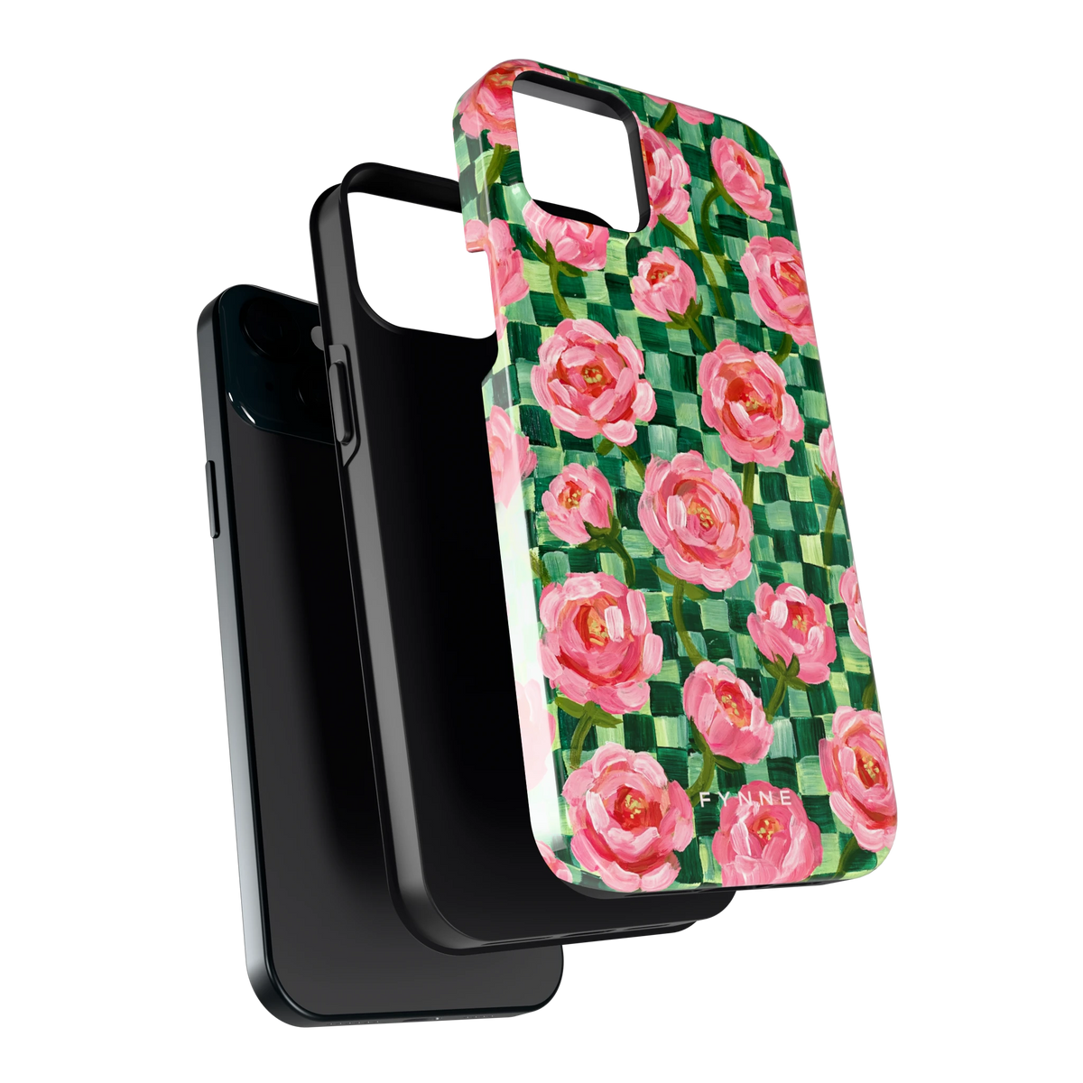 Pioenen op groene ruitjes hoesje voor iPhone 15 Plus, los van de telefoon