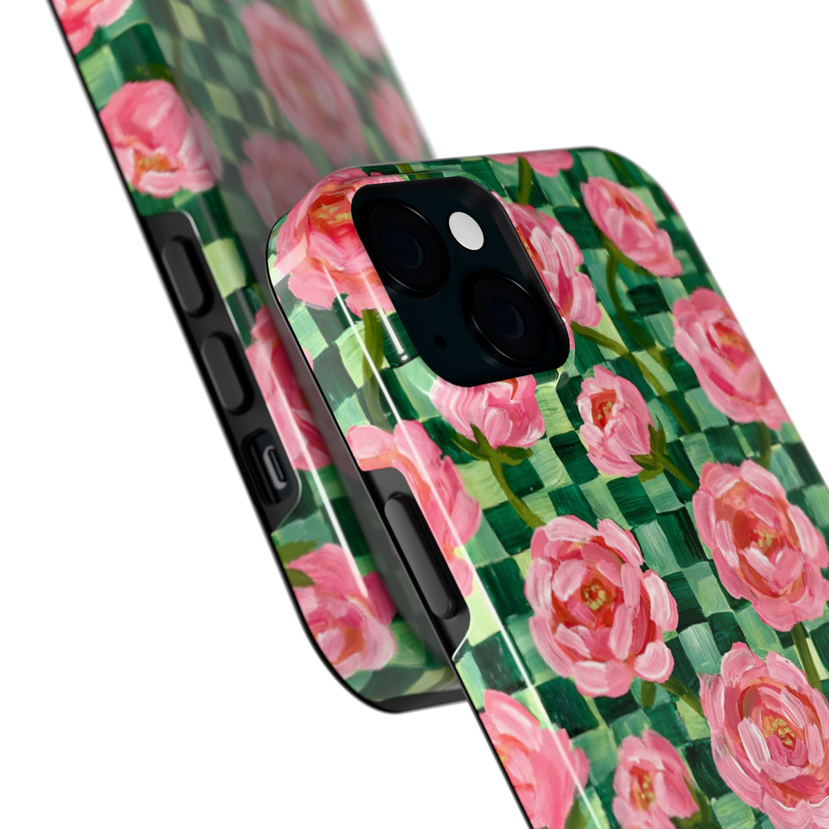 Pioenen op groene ruitjes hoesje voor iPhone 15 Plus, close-up