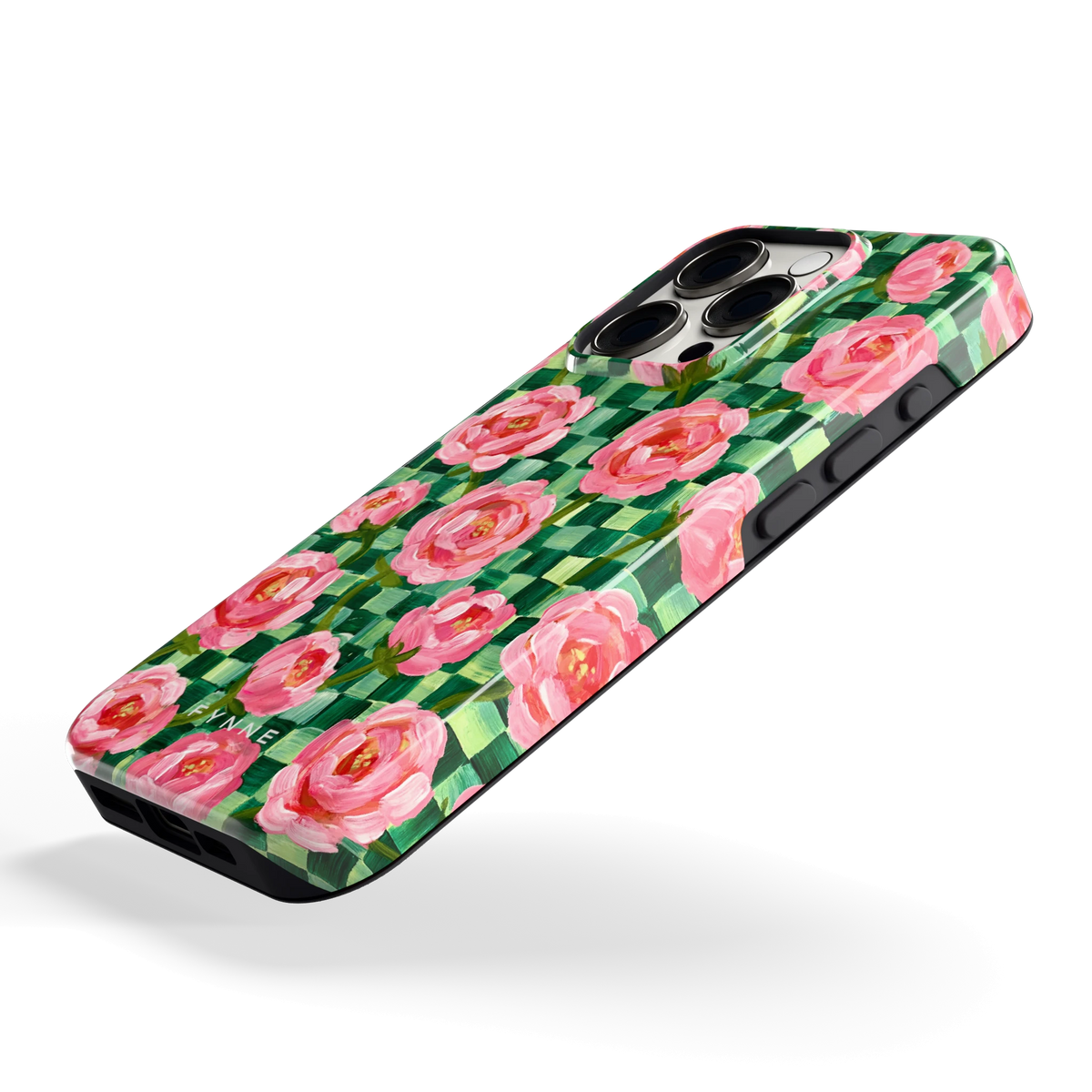 Pioenen op groene ruitjes hoesje voor iPhone 15 Pro, schuin