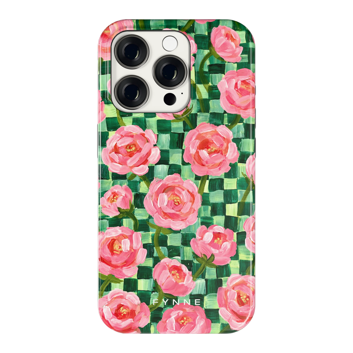 Pioenen op groene ruitjes hoesje voor iPhone 15 Pro, achterkant