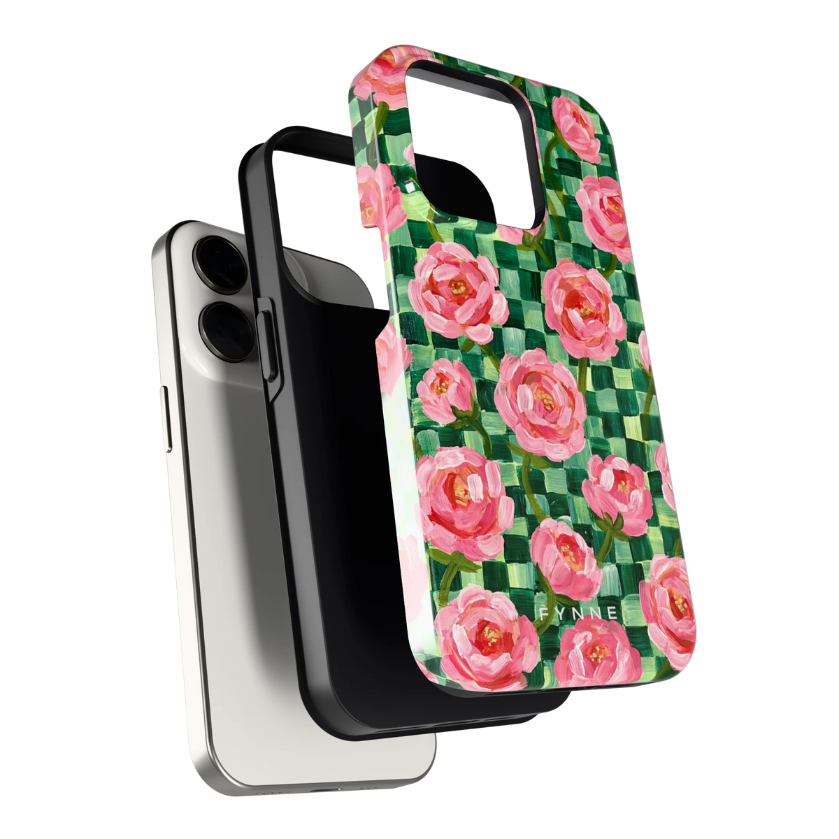 Pioenen op groene ruitjes hoesje voor iPhone 15 Pro, los van de telefoon