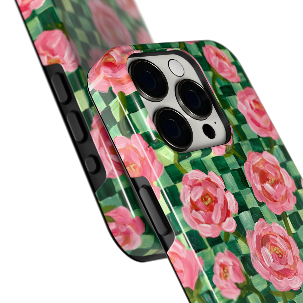 Pioenen op groene ruitjes hoesje voor iPhone 15 Pro, close-up
