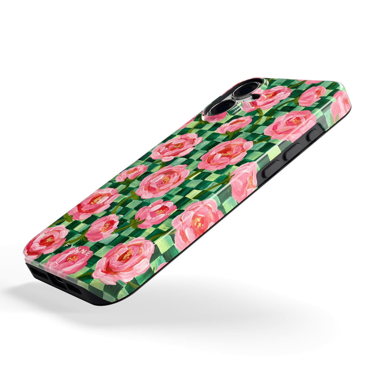 Pioenen op groene ruitjes hoesje voor iPhone 16 Plus, schuin