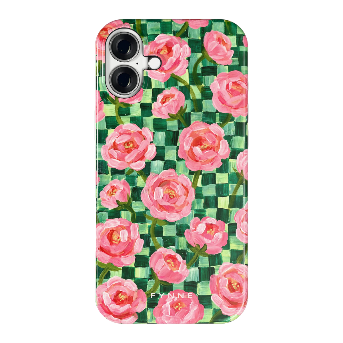 Pioenen op groene ruitjes hoesje voor iPhone 16 Plus, achterkant