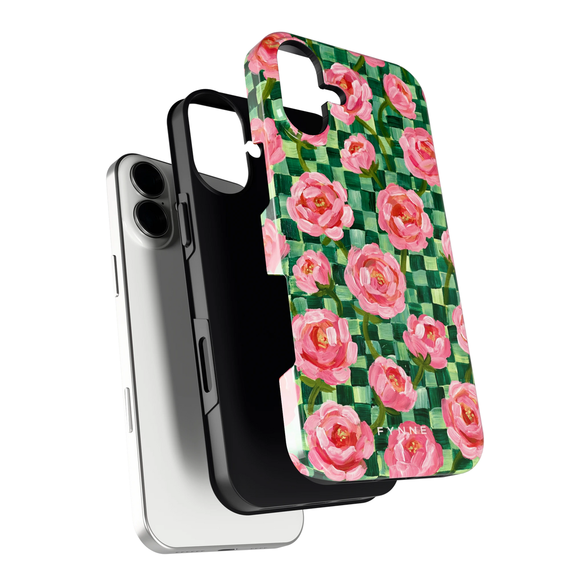 Pioenen op groene ruitjes hoesje voor iPhone 16 Plus, los van de telefoon