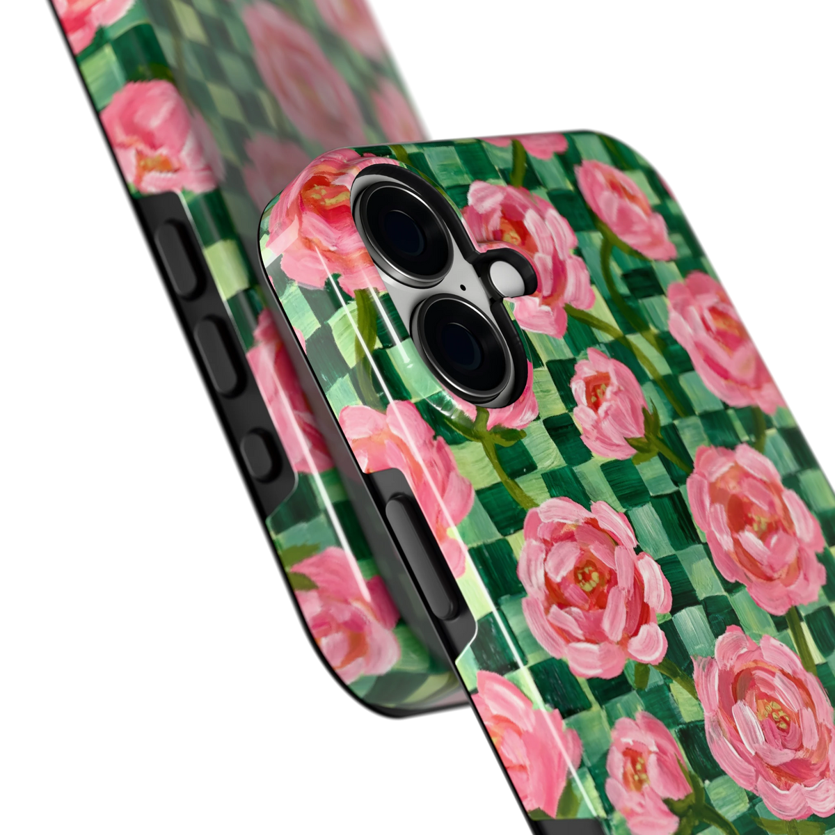 Pioenen op groene ruitjes hoesje voor iPhone 16 Plus, close-up