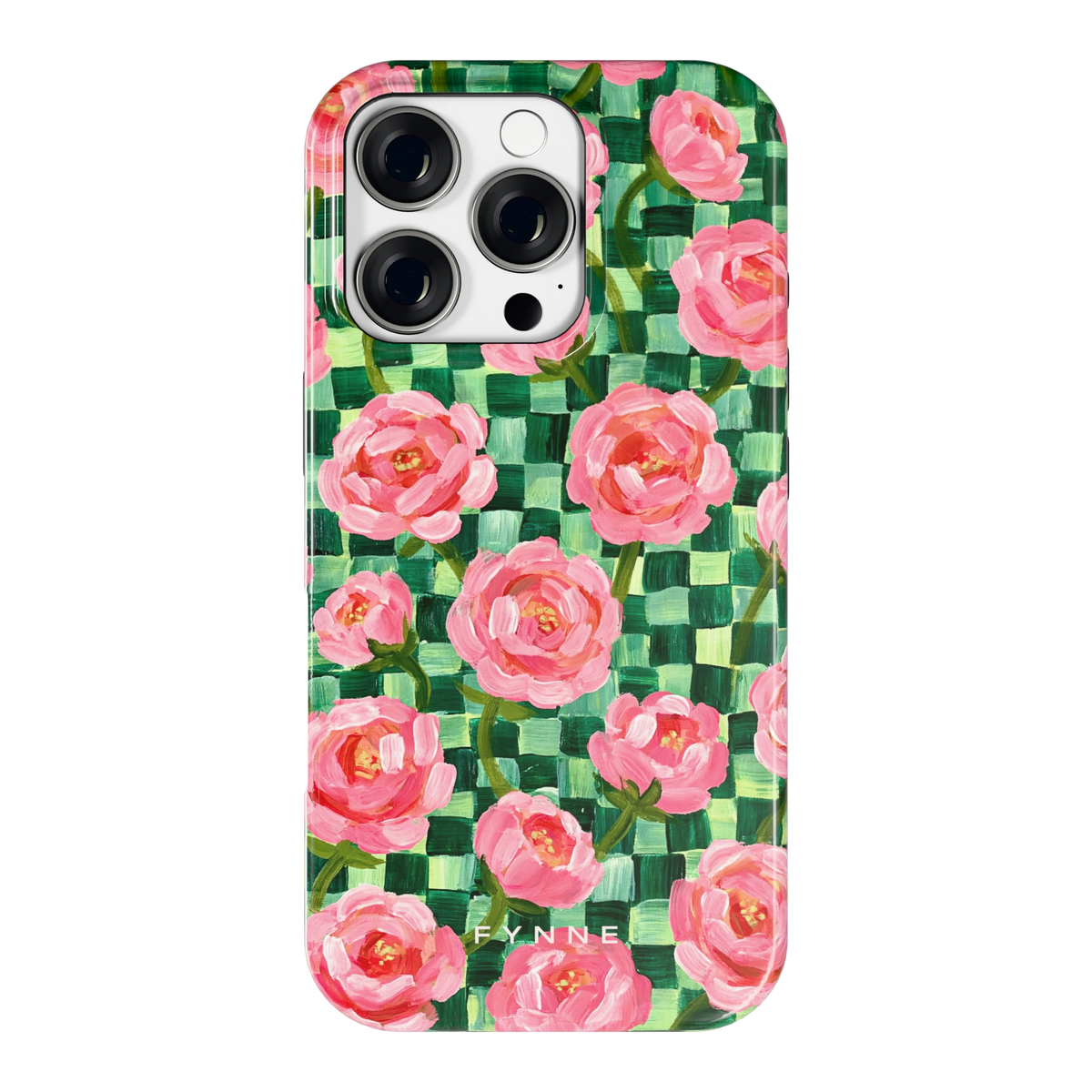 Pioenen op groene ruitjes hoesje voor iPhone 16 Pro, achterkant