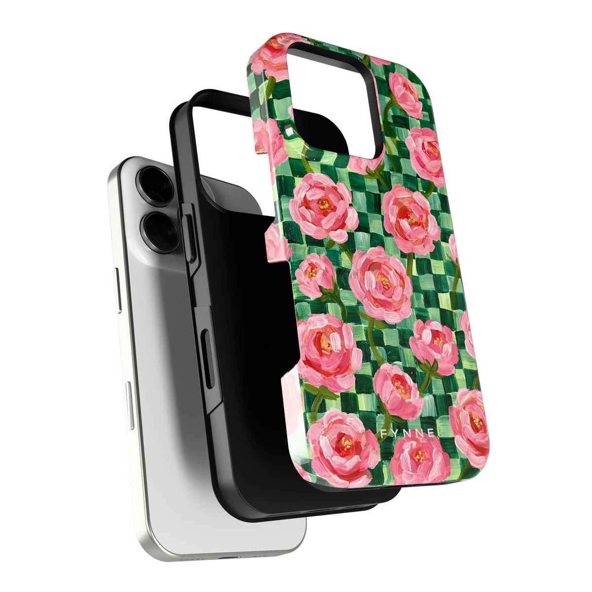 Pioenen op groene ruitjes hoesje voor iPhone 16 Pro, los van de telefoon