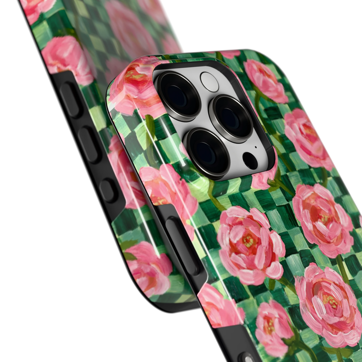 Pioenen op groene ruitjes hoesje voor iPhone 16 Pro, close-up