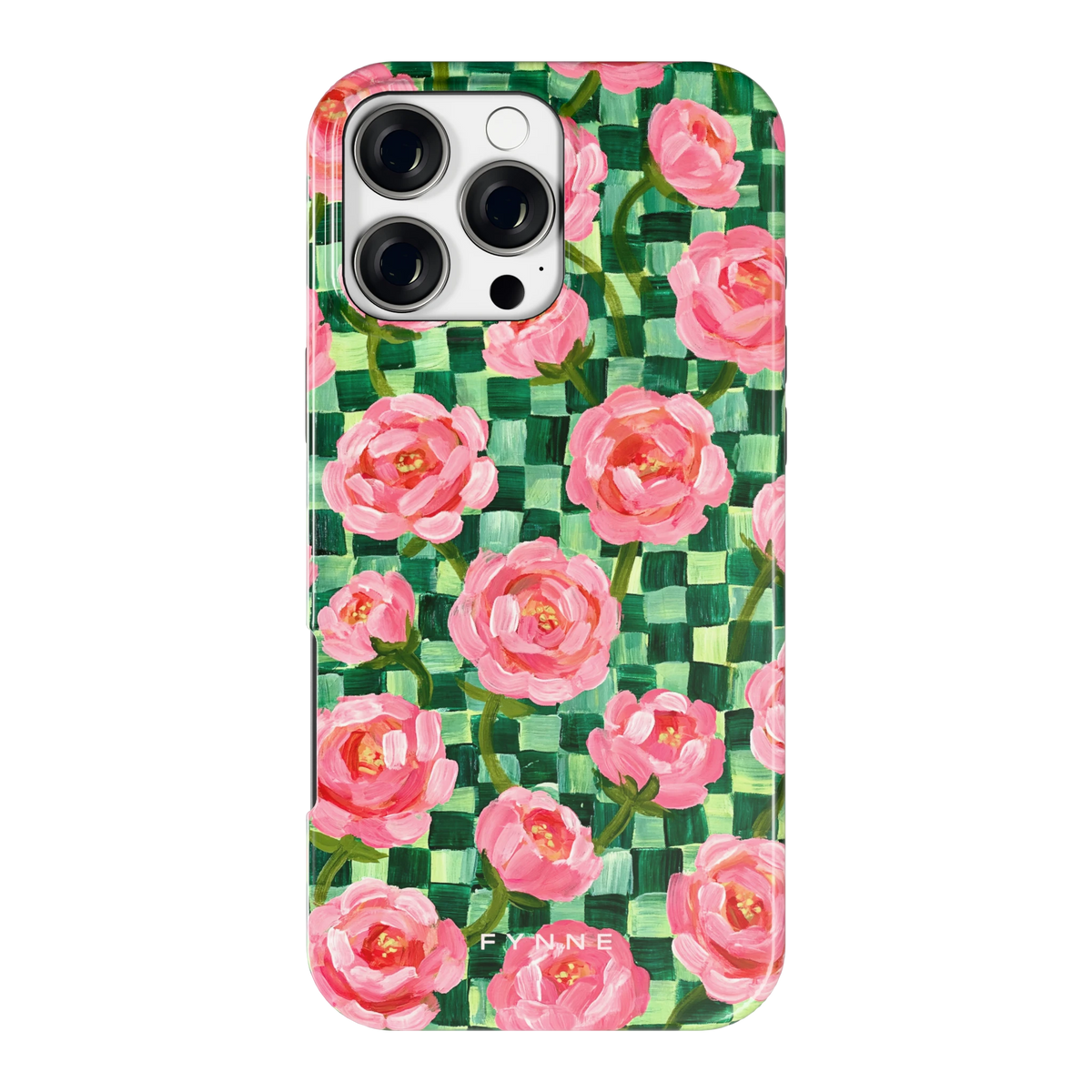 Pioenen op groene ruitjes hoesje voor iPhone 16 Pro Max, achterkant