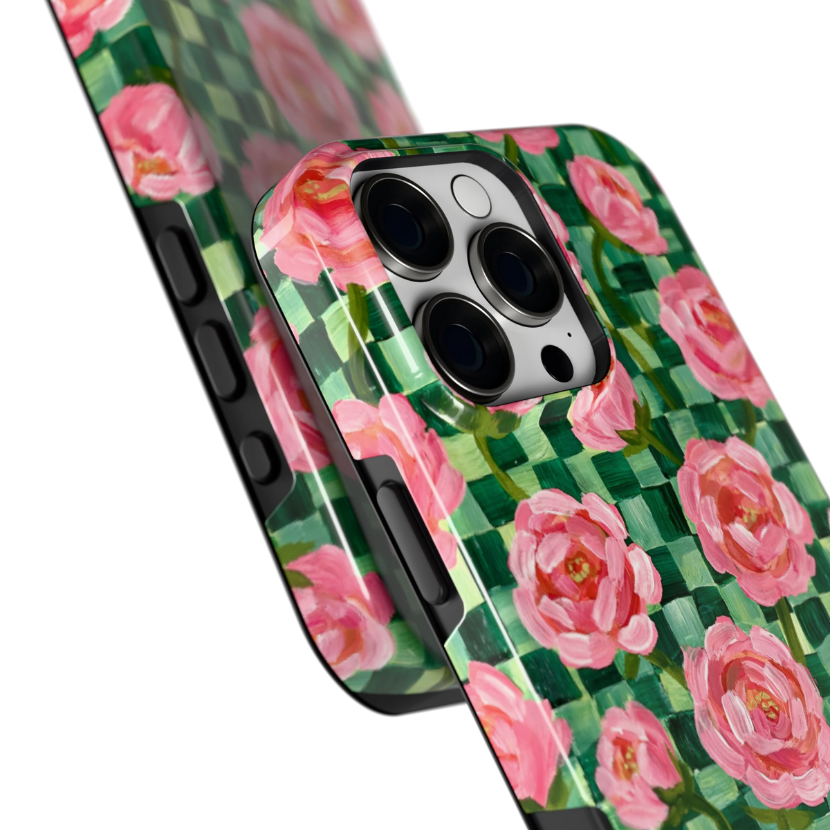 Pioenen op groene ruitjes hoesje voor iPhone 16 Pro Max, close-up