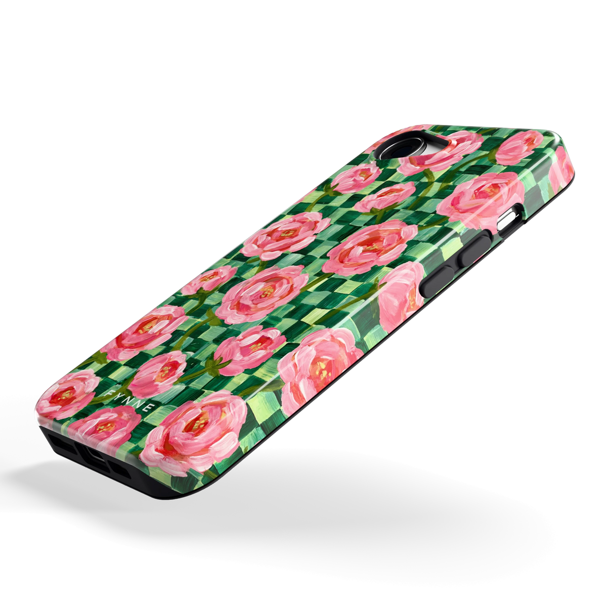 Pioenen op groene ruitjes hoesje voor iPhone 16e, schuin