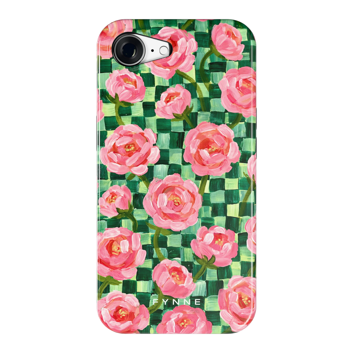 Pioenen op groene ruitjes hoesje voor iPhone 16e, achterkant