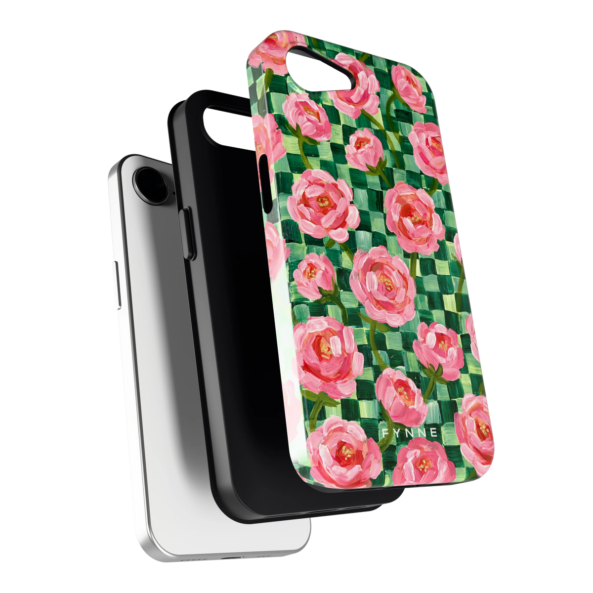 Pioenen op groene ruitjes hoesje voor iPhone 16e, los van de telefoon