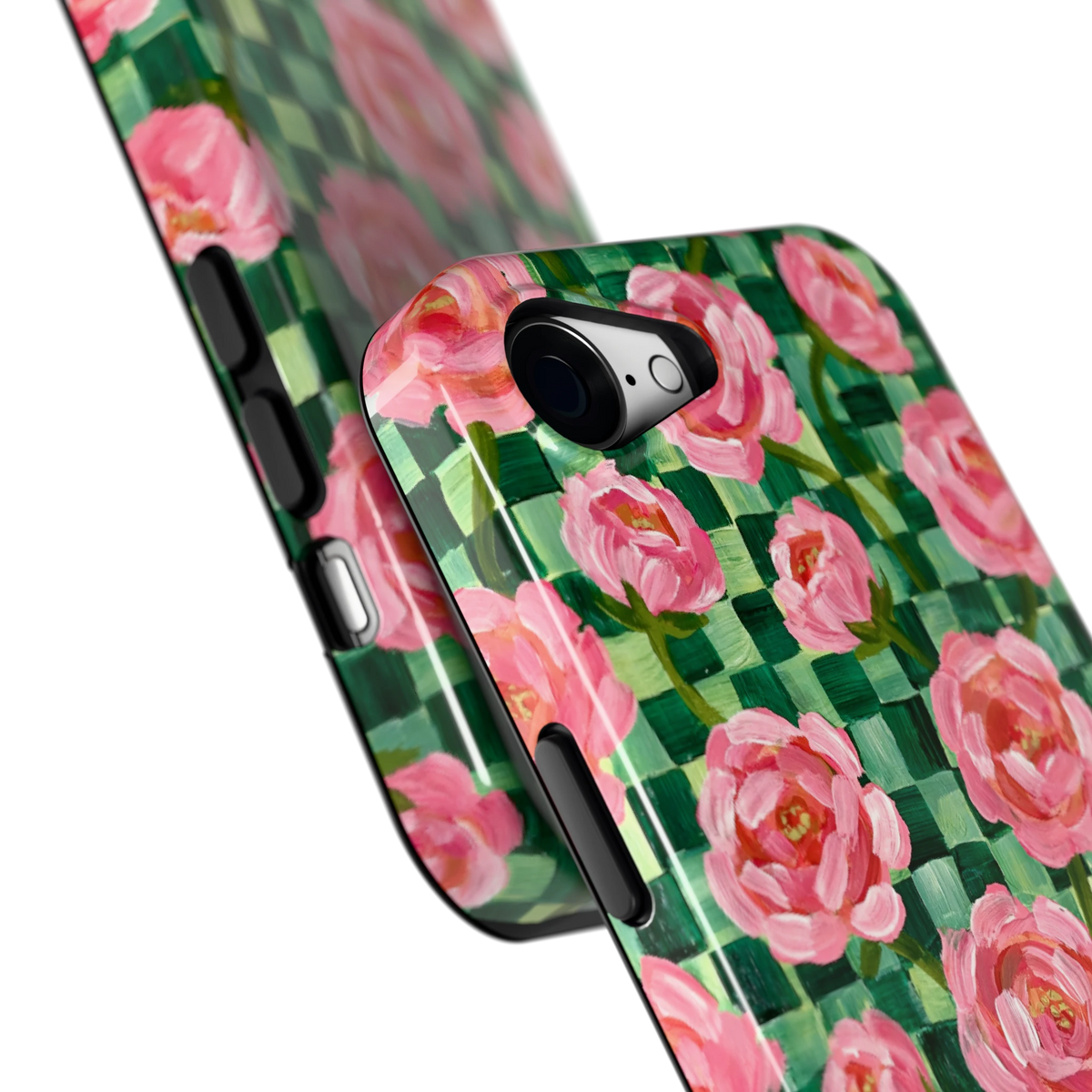 Pioenen op groene ruitjes hoesje voor iPhone 16e, close-up