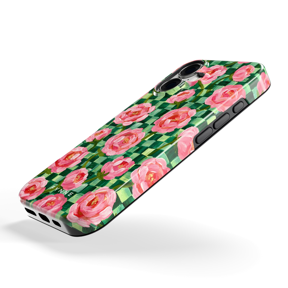 Pioenen op groene ruitjes hoesje voor iPhone 17, schuin